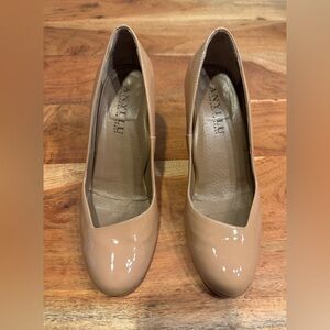 Anyi Lu Nude Patent Leather Nude Tortoise Heel Pumps